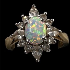 JWBR Fire Opal And Topaz Sterling Silver Ring Sz 7 Renaissance Jewelry Gold Wash